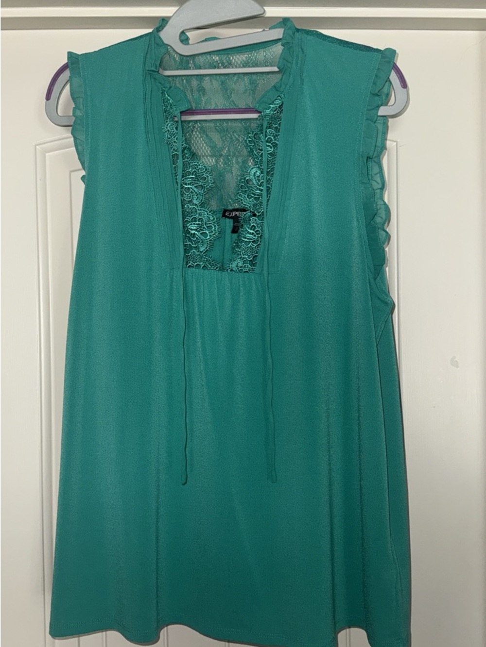 Express Teal Lace-Trim Flutter Sleeve